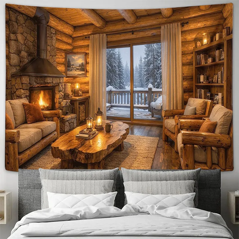Interior Design Home Decor - Cozy Wooden Cabin Fireplace Interior Wall